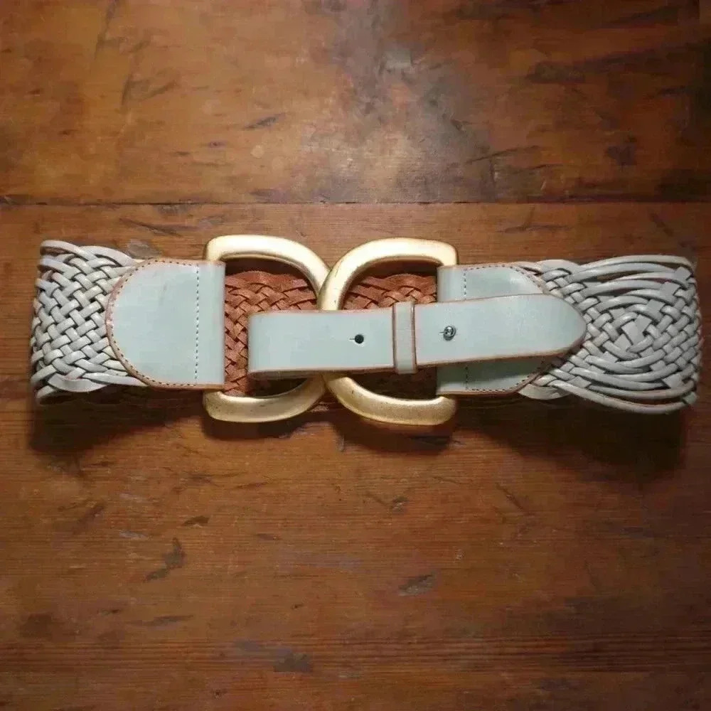 Linea Pelle Light Blue Woven Brass D-Rings Hip Belt Size S